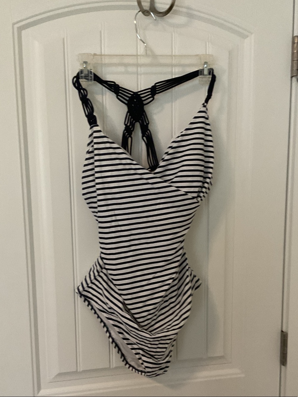 Blue & White Striped One-Piece Swimsuit with Braided Back